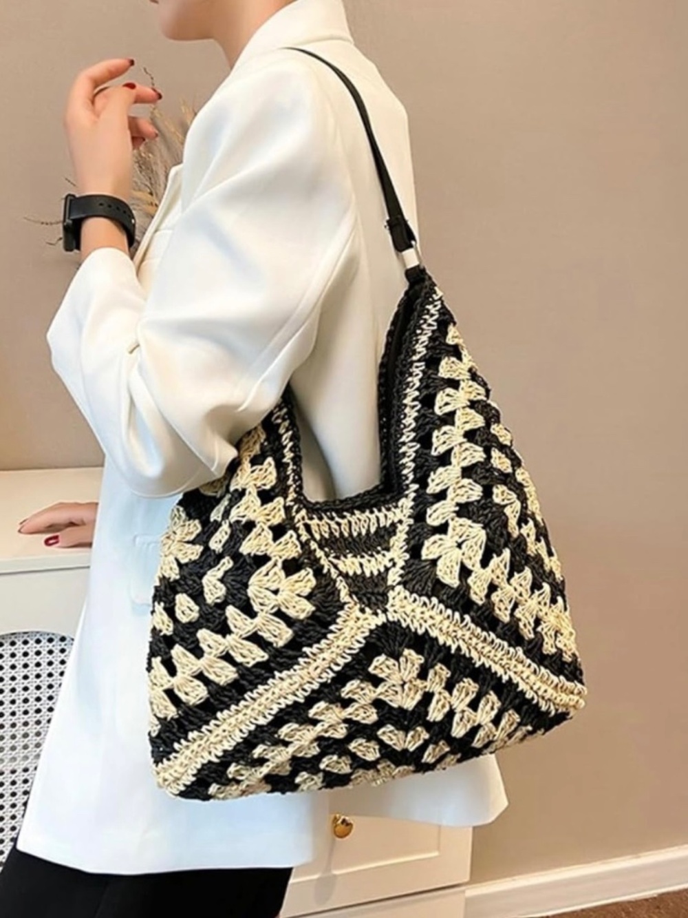 Boho Crochet Shoulder Bag for Women, Large Woven Hobo Tote with Lining & Magneti